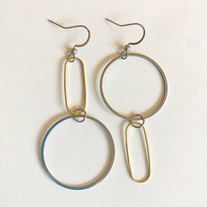 Steel & Brass Mismatched Earrings BIG for wholesale by Factory Floor Jewels