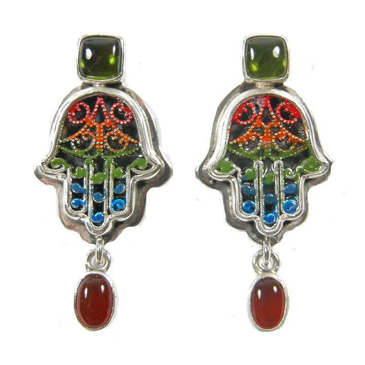 Boucle d'oreille en cornaline de Vésuvianite en émail peinte à la main pour la vente par Amy Kahn Russell