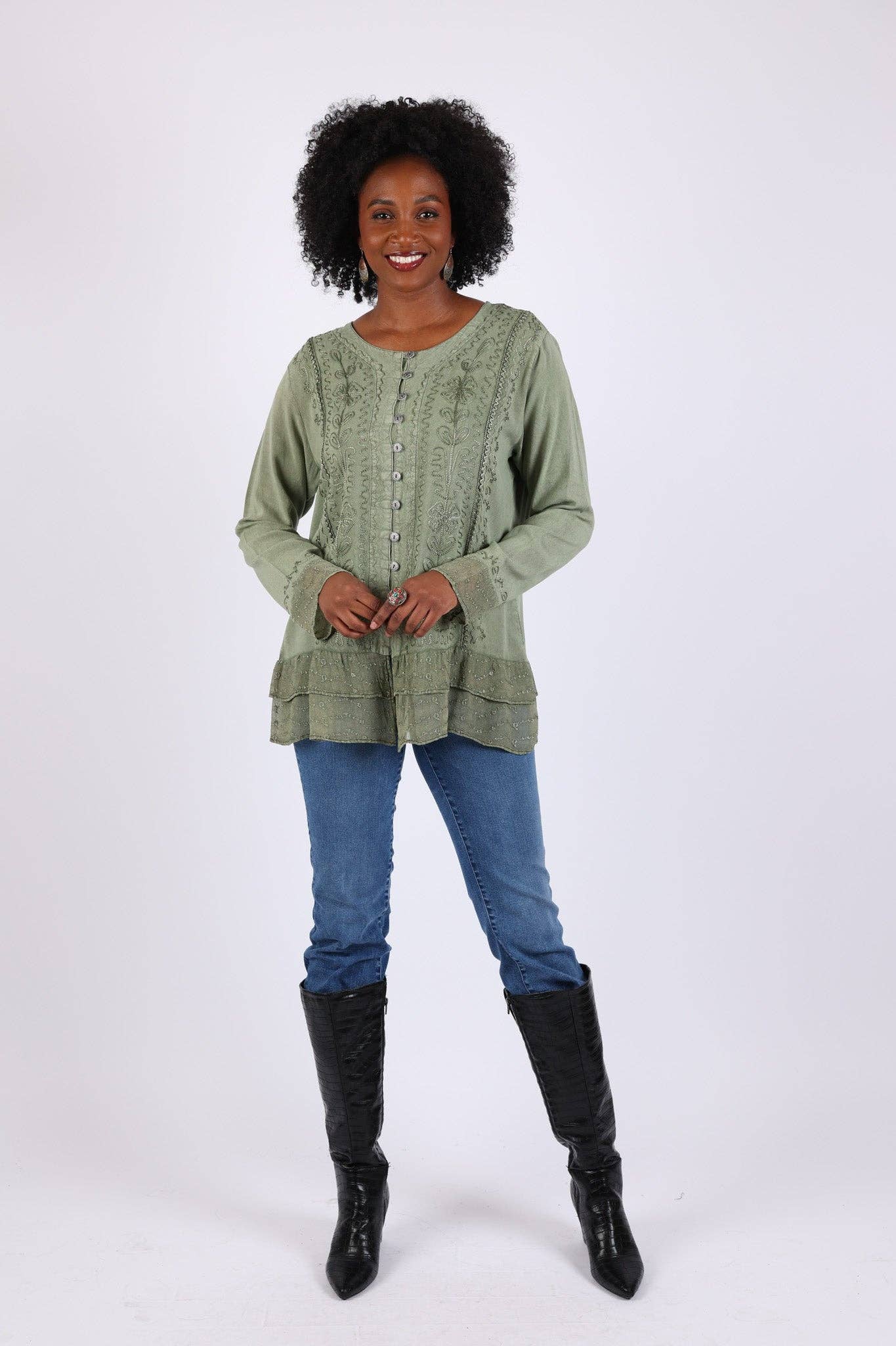 Sacred Threads - Wholesale Button Down Shirt - Women's - Vintage Fall Boho Stonewashed Top: Embroidered Shirt9