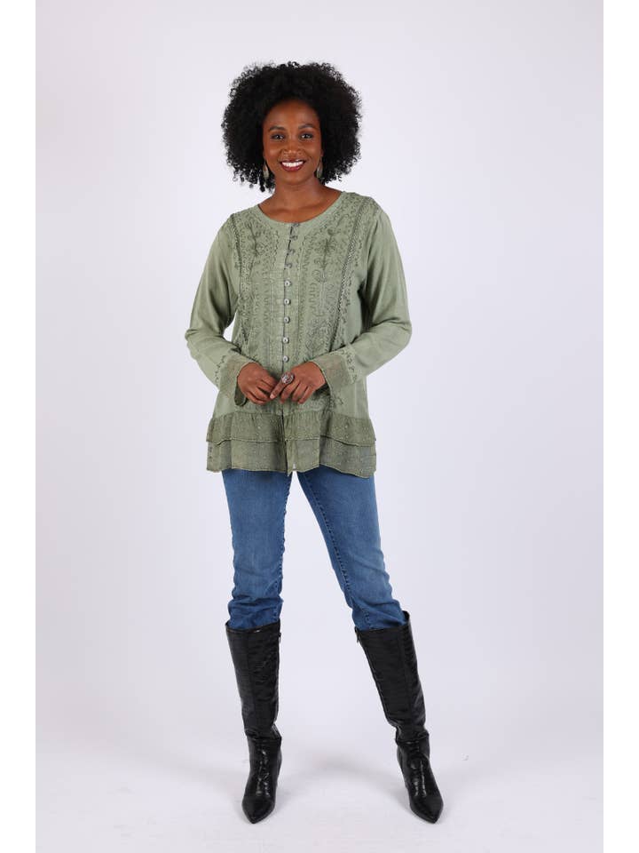 Sacred Threads - Wholesale Button Down Shirt - Women's - Vintage Fall Boho Stonewashed Top: Embroidered Shirt9