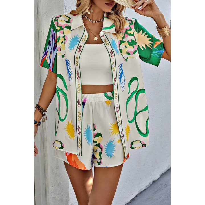 BEIGE GREEN Two Pieces Allover Print Elastic Waist Short Sets for wholesale on Faire