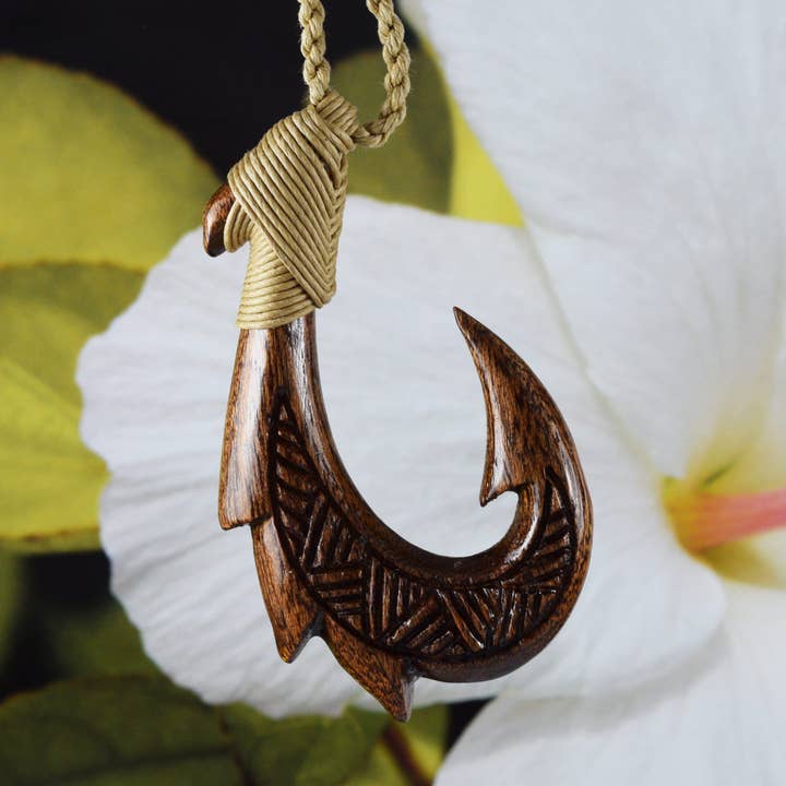 Hawaiian X-Large Koa Wood Fish Hook Necklace, Hand Carved Genuine Koa Wood Fish Hook Necklace, N9135 Birthday Mother Gift for wholesale by Paradise Treasures Jewelry