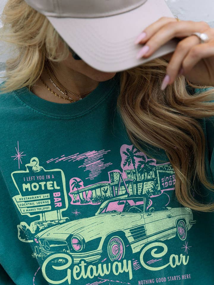 Getaway Car Motel Tee in Emerald for wholesale by Girl Tribe Co