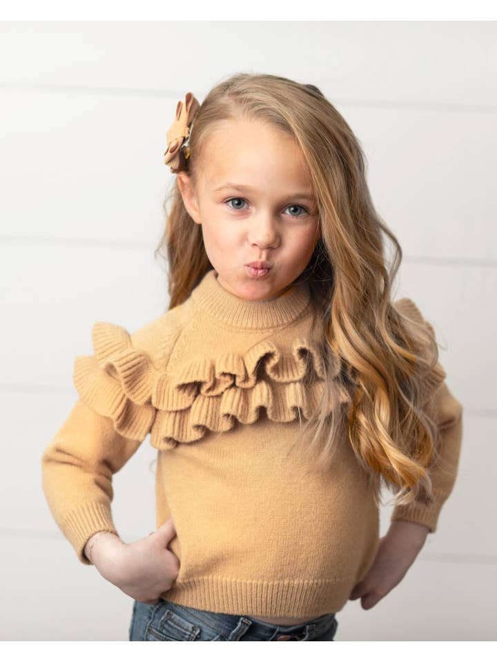 Oopsie Daisy - Wholesale Knit Sweater - Kids - Kids Tan Double Ruffle Crew Neck Fall Winter Sweater