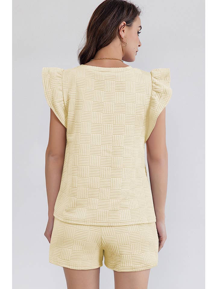 LA Society - Wholesale Lounge Set - Women's - Textured Ruffled Sleeve Tee and Drawstring Shorts Set