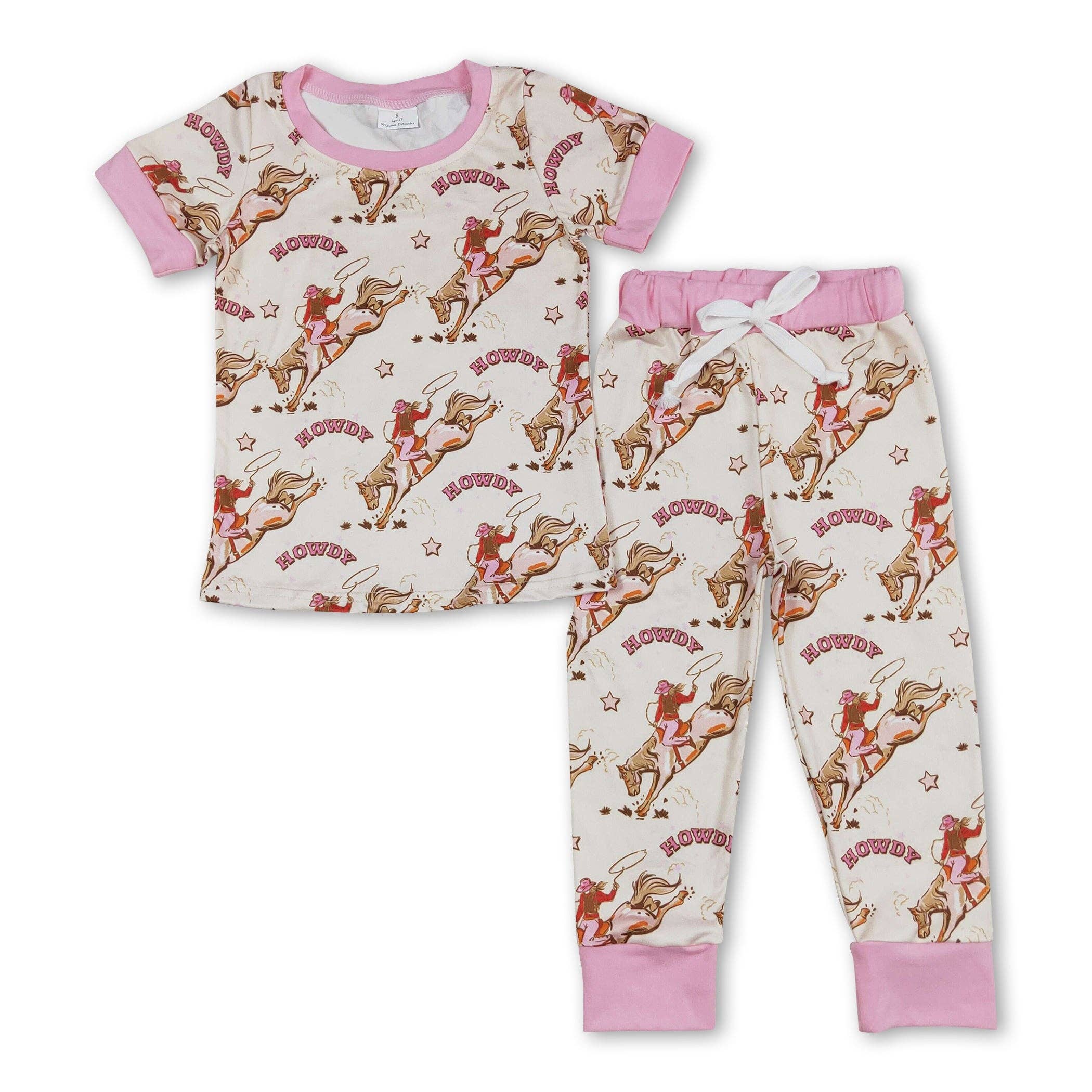Yawoo Garments - Wholesale Sleepwear Set - Kids - Pink short sleeves horse rodeo howdy girls pajamas0