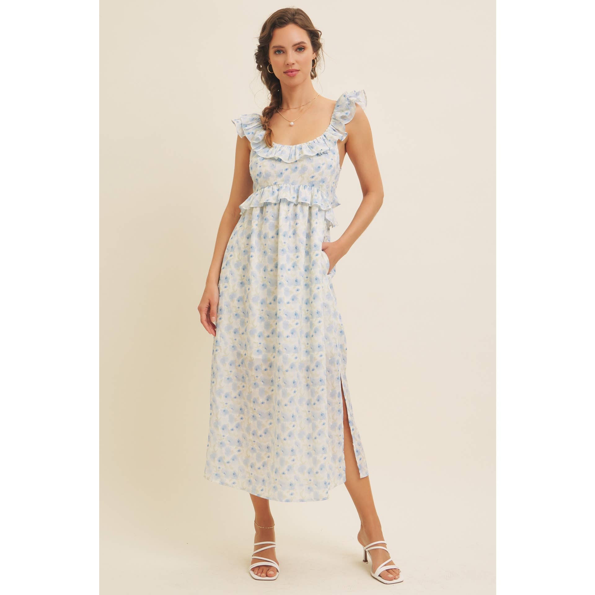 in february – Großhandel Kleid – Damen – ROMANTISCHES FLORALES MIDI-KLEID MIT SCHLITZ, RÜSCHEN UND RÜCKENBINDUNG16