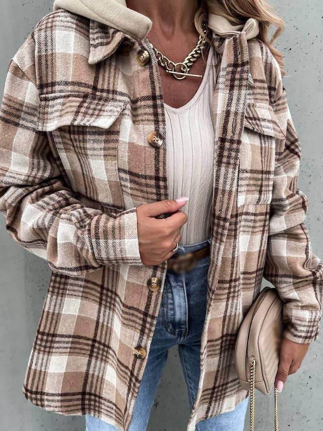 UNISHE - Vente Veste-chemise – femme - Plaid Shackets Veste Manteau Shackets avec capuche TOPW1504