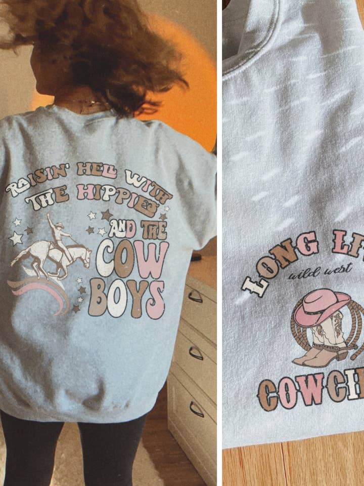 Raising Hell Hippies & Cowboys Retro Nashville Sweater for wholesale by Monday Muse