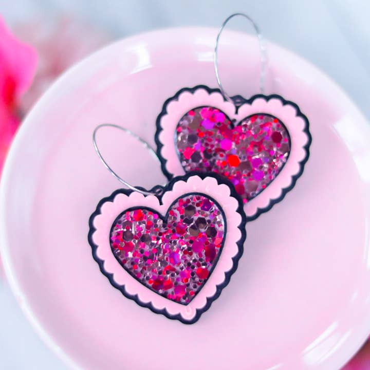 Handcrafted 3D Printed Earrings- Pink Glitter Heart for wholesale by Ivy Lena