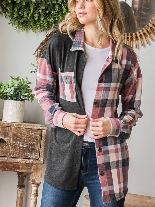 EJ6725-10 BASICO COLLETTO TINTA UNITA E PLAID SHACKET per la vendita all'ingrosso da parte di HEIMISH