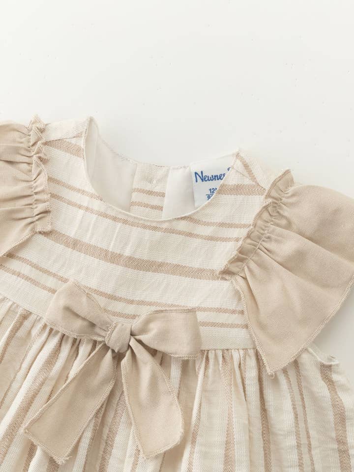 Babyjurk 6-24m linnen strepen beige/camel strik BGV96604 voor wholesale door Newness Kids
