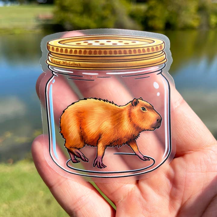 CLEAR STICKER: "Exotic Pet Capybara" In Jar for wholesale by Ryan McCulloch Art