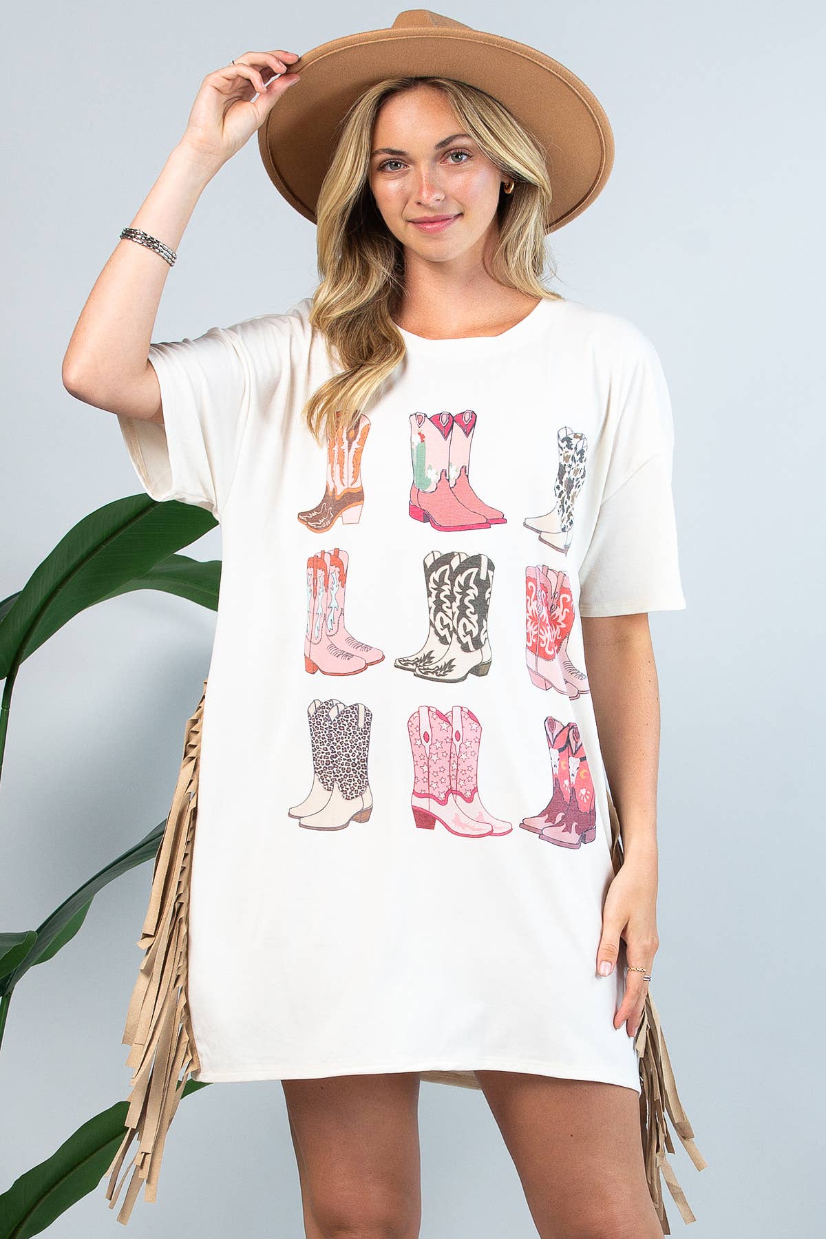 Beige D1593-Western Boots Print Fringed  Loose T Shirt Dress  for wholesale on Faire6