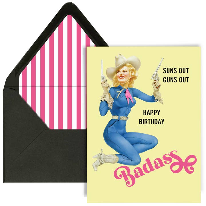 Mod Lounge Paper Company - Vente Cartes d'anniversaire - Carte Western Pinup Cowgirl with Guns Happy Birthday Badass1