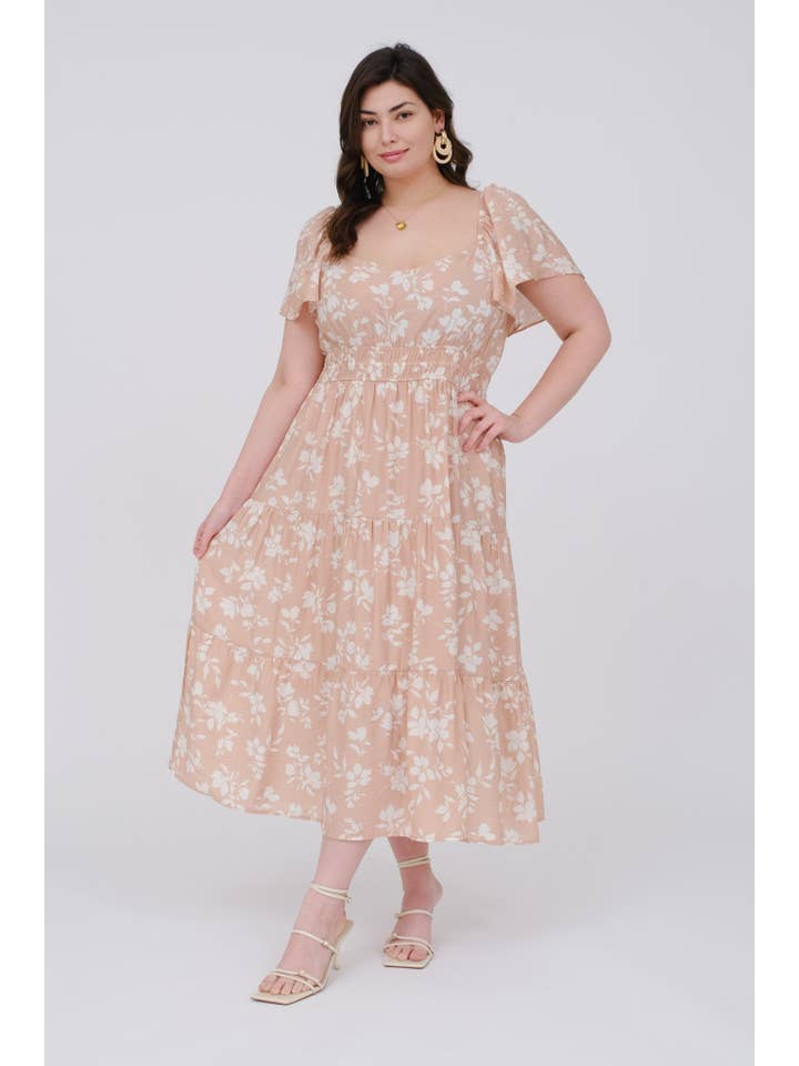 Blu Pepper - Wholesale Dress - Women's - PLUS FLORAL SCOOP NECK FLOUNCE SLEEVE MIDI DRESS
