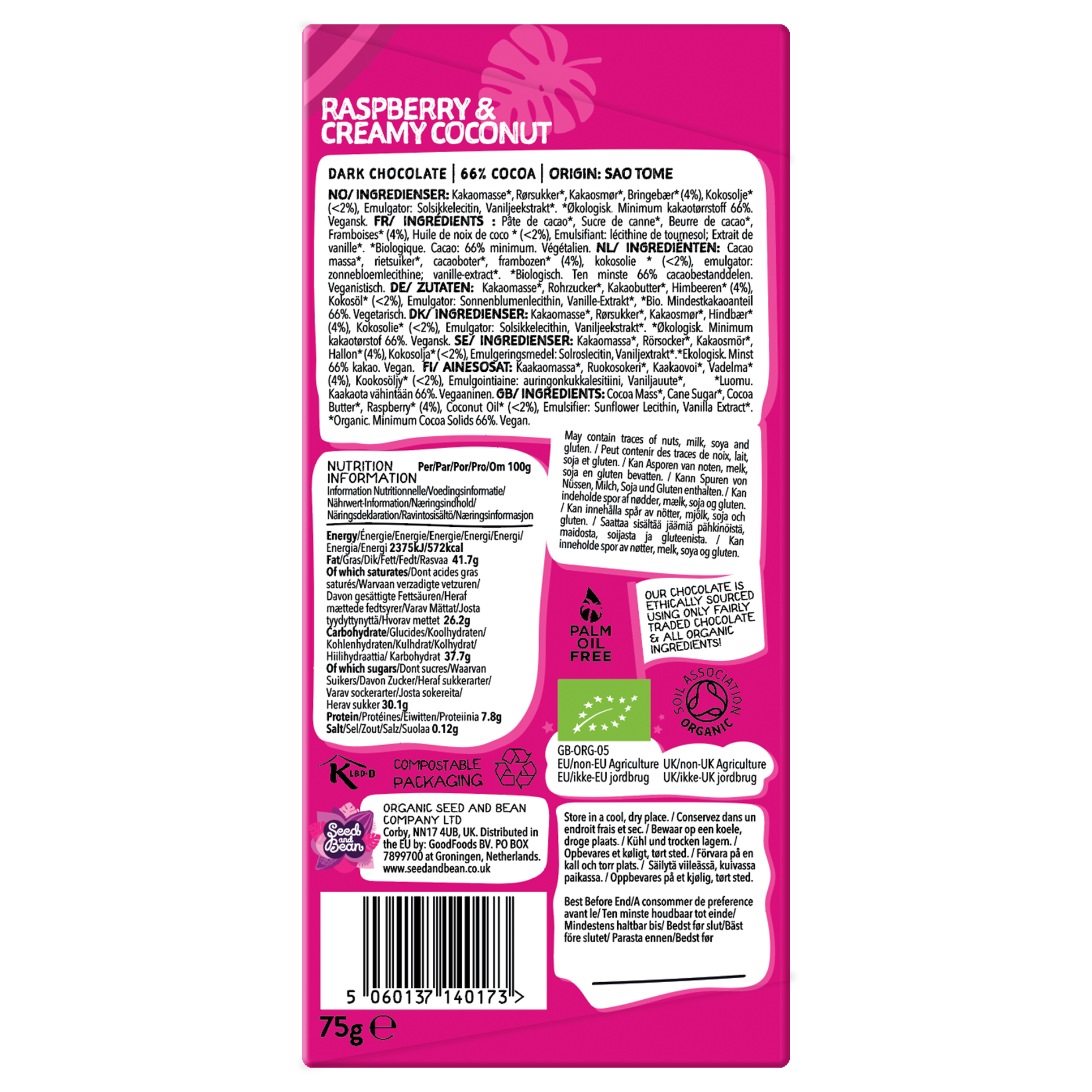 Seed & Bean  [No duties when shipping to US!] – wholesale Chocolate bar – COCONUT & RASPBERRY DARK VEGAN CHOCOLATE 75G BAR (66% COCOA)1