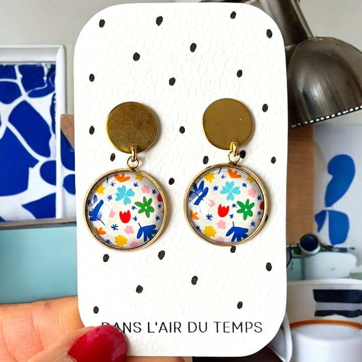 Boucles d'Oreilles motif multicolore style Matisse pour la vente par Dans l'Air du Temps Bijoux