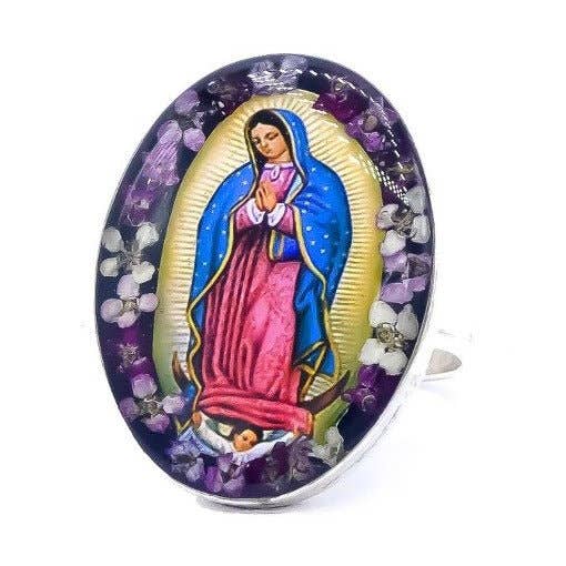 Guadalupe Oval Ring w/ Pressed Flowers 0.90" x 1.20" for wholesale by Guadalupe Gifts
