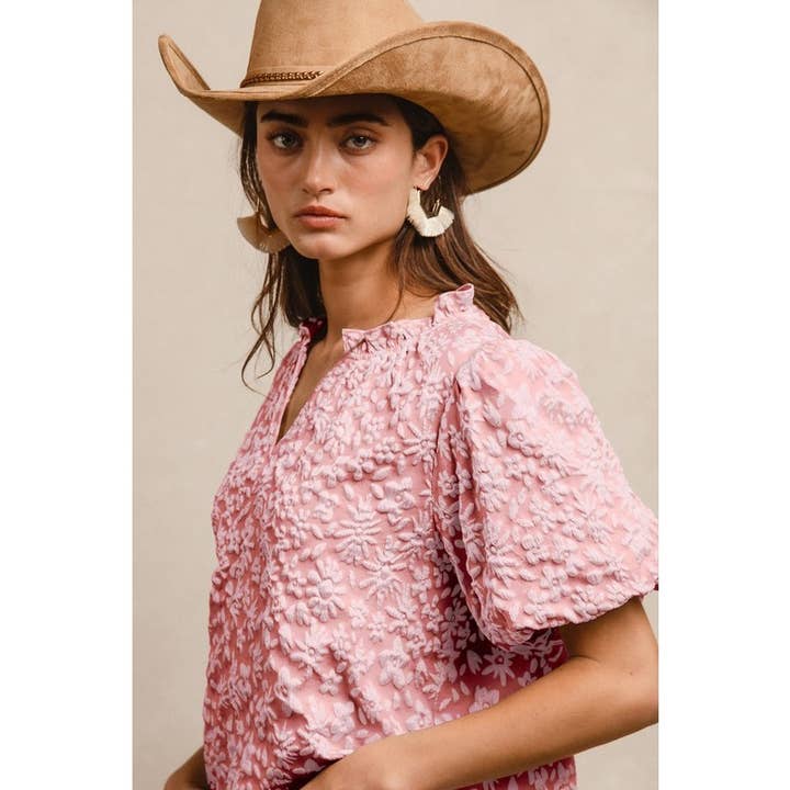 IVE - Wholesale Knit Top - Women's - FLORAL PATTERN TEXTURE SHORT BALLOON SLEEVES TOP