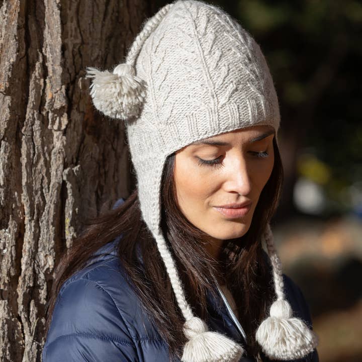 Lost Horizons Knitwear - Wholesale Beanie - Women's - Willow Earflap Wool Hat with Braids and Pom-Poms