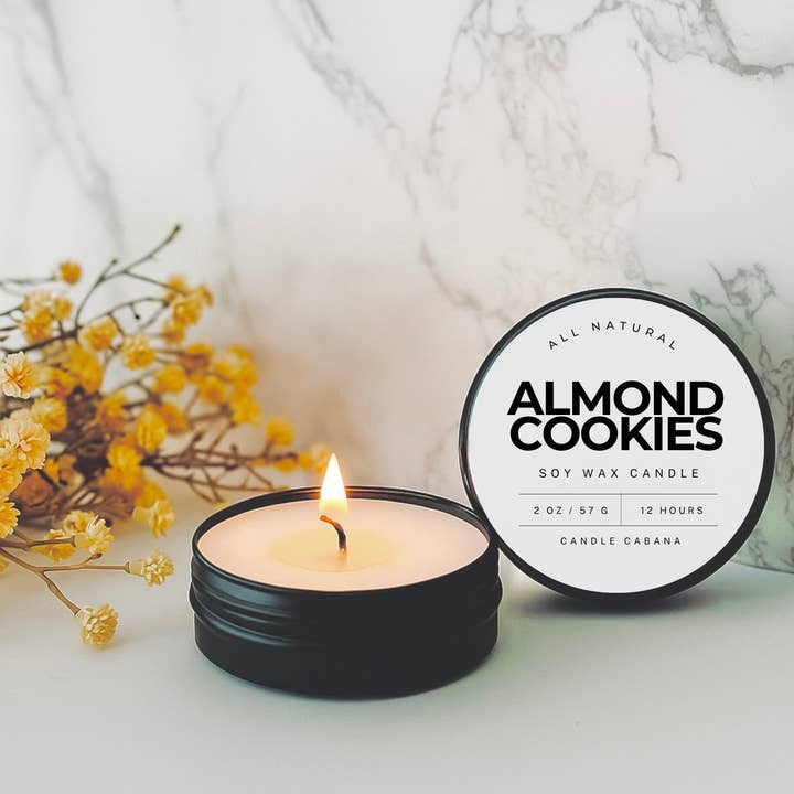 Almond Cookies 2 oz Travel Tin Candle – 100% Natural Soy for wholesale by Candle Cabana