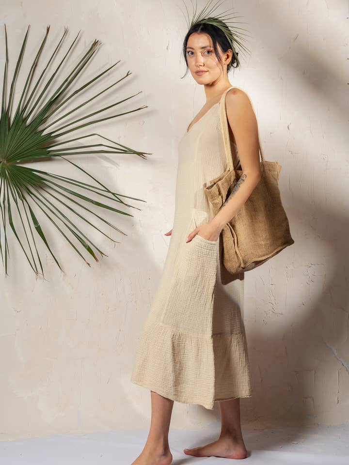 Moa - Wholesale Dress - Women's - Double Gauze White Strap Midi Dress3