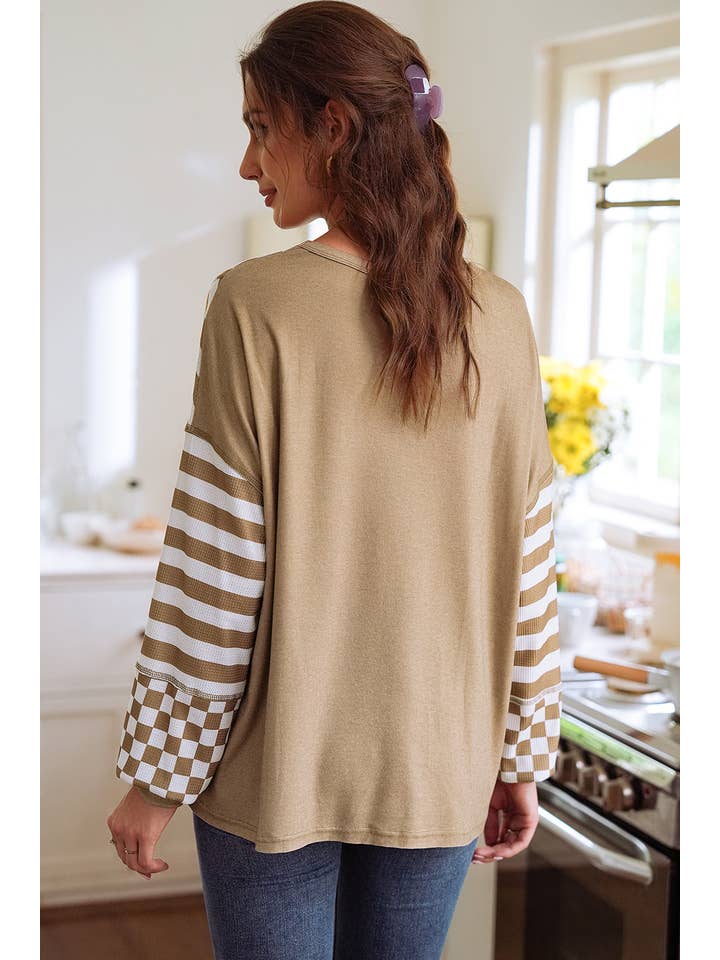 1 the Woman - Wholesale Blouse - Women's - Checkerboard Patchwork Lantern Sleeve Pocketed Blouse |S-4X
