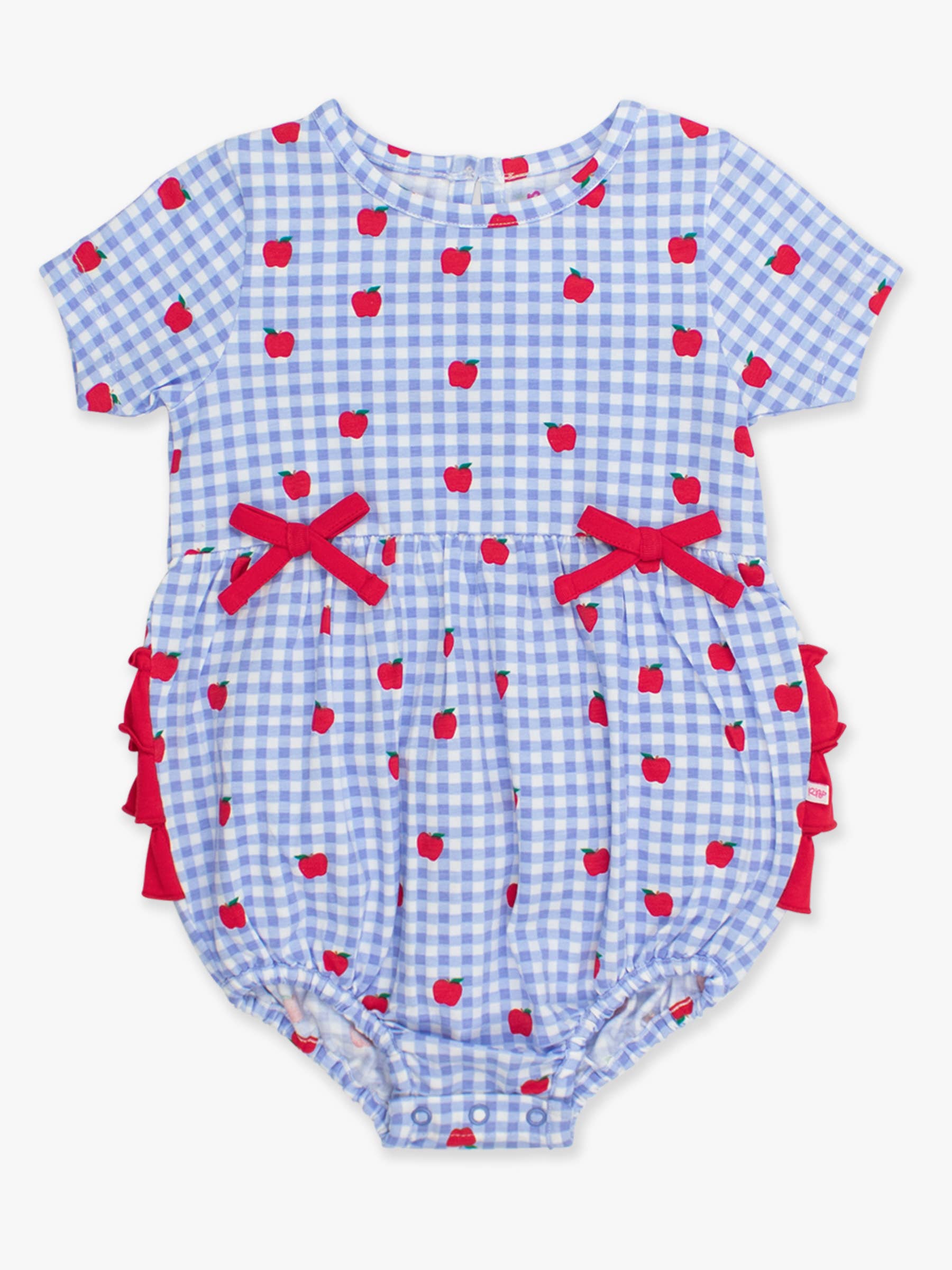 Blue Baby Girls Apple Orchard Gingham Knit Short Sleeve Bow Bubble Romper for wholesale on Faire6