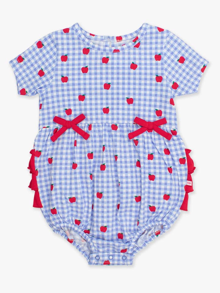 Blue Baby Girls Apple Orchard Gingham Knit Short Sleeve Bow Bubble Romper
for wholesale on Faire6