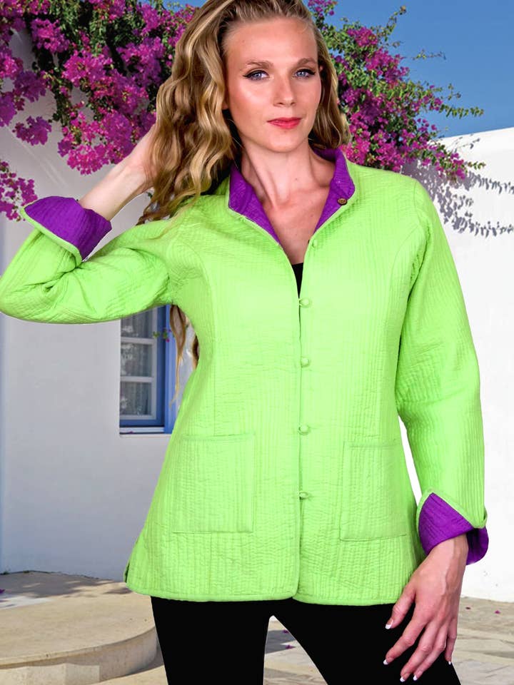 Lime Green with Purple Reversible Short Cotton Quilted Jacket for wholesale by Memsahib Collections
