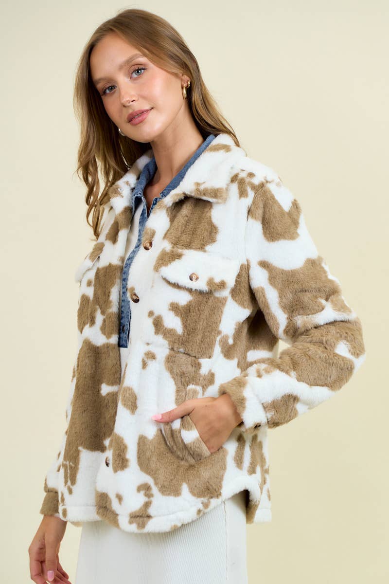 Doe and Rae - Vente Veste-chemise – femme - SURCHEMISE EN FAUSSE FOURRURE IMPRIMÉE VACHE - 10769J2