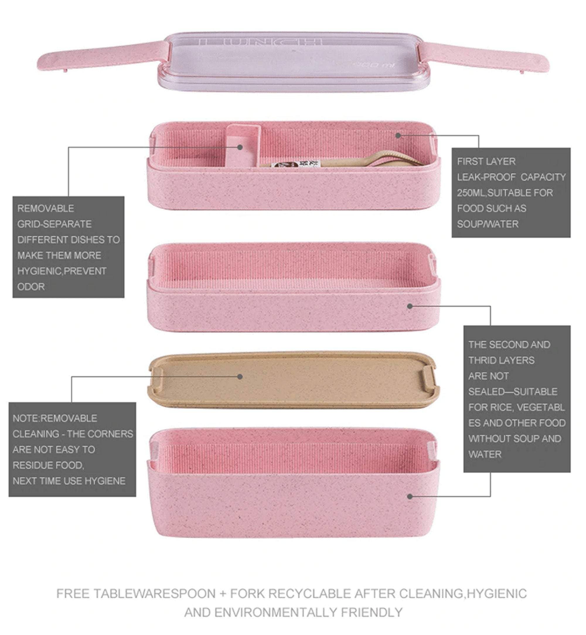 Homerely (We Cover All Import Duties) - Wholesale Lunch Bag/Box - 3 Layer Wheat Straw Bento Boxes With Spoon & Fork5