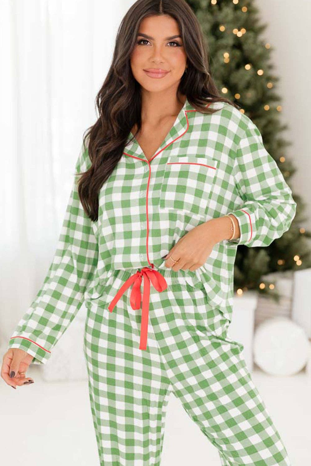Light Green Christmas Plaid Print Shirt and Pants Pajama Set for wholesale on Faire2