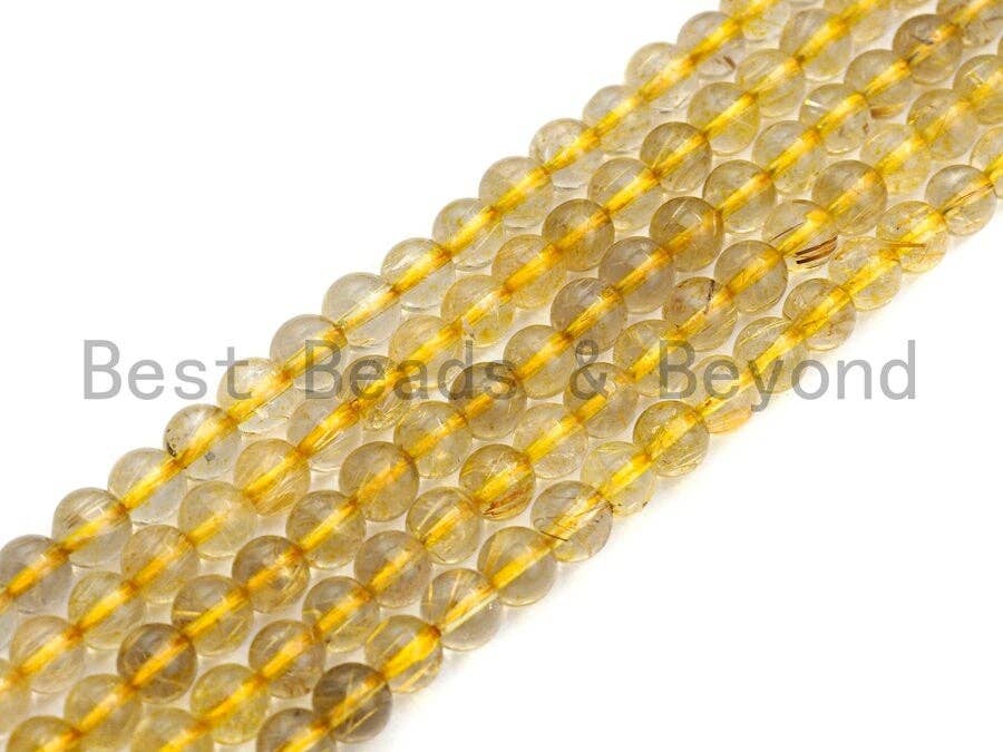 BestBeads&Beyond – wholesale Pärlor – Hög kvalitet Rutilerad Kvarts, Naturlig Rutilerad Kvarts, Gul ädelsten sten, 6mm, sku #U4812
