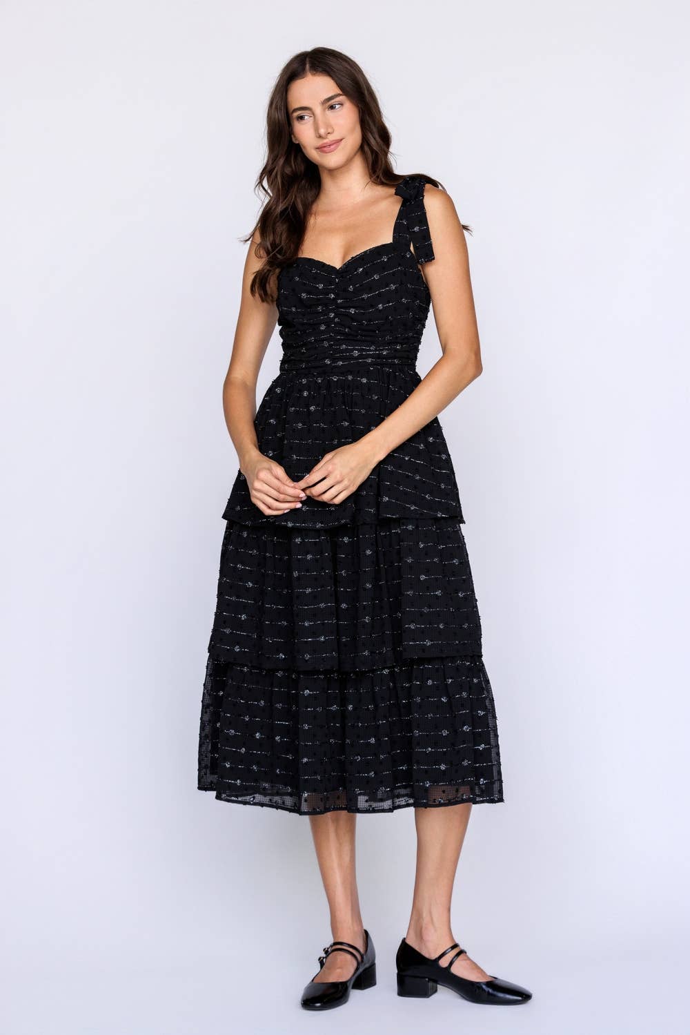BLACK SILVER JD7776-TIERED RUCHED MIDI DRESS for wholesale on Faire3