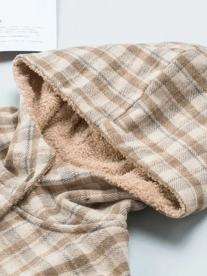 Khaki Plaid Hooded Shacket with Sherpa Lining for Fall for wholesale on Faire2