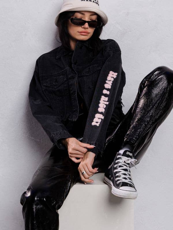 Trio Urban - Vente Veste en jean – femme - Veste courte en jean rose Smiley Face15