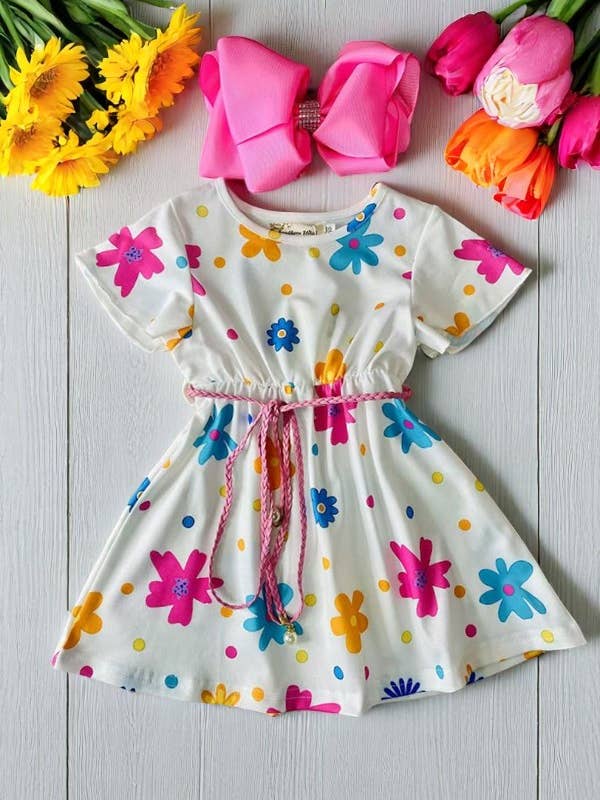 Floral printed w/short sleeves girls dress w/belt XCH07002 for wholesale by luluclothes