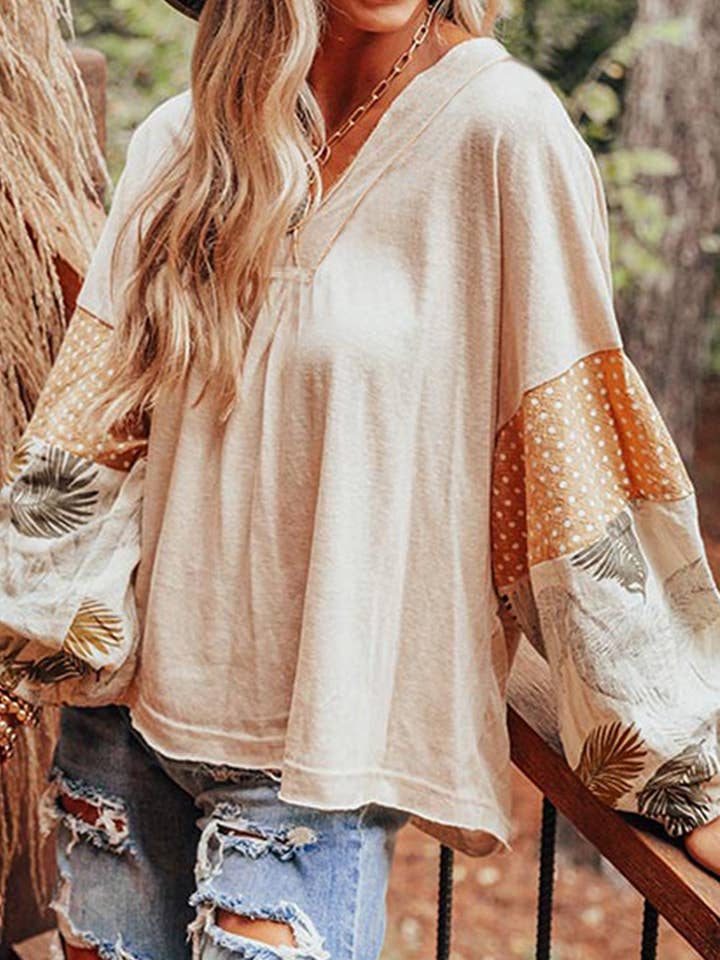 Jet Stream Palm Leaves Polka Dot Puff Sleeve Patchwork V Neck Loose Blouse for wholesale on Faire