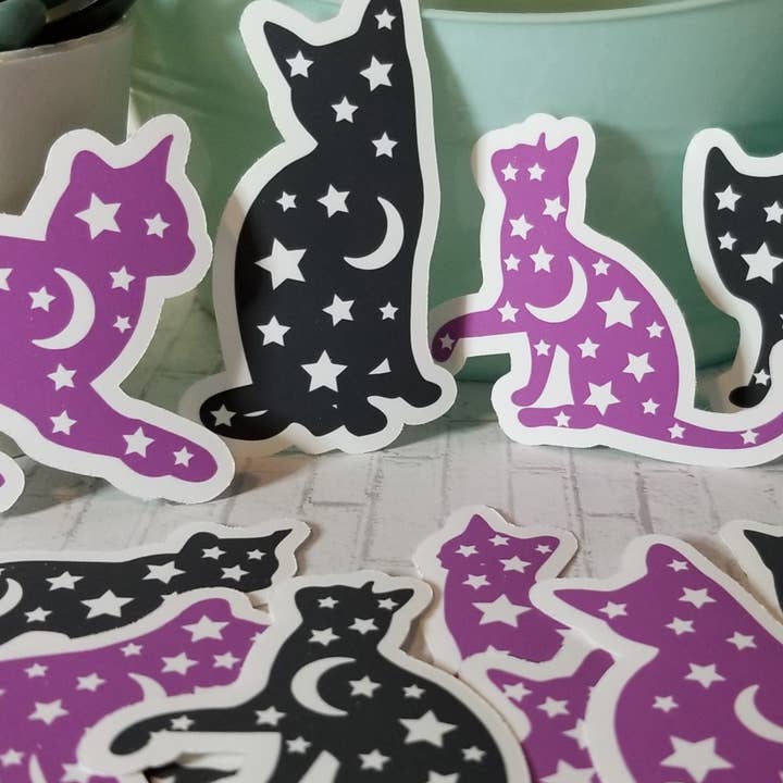Zwart-paarse kattenstickers met hemelster en maan (12 stuks) voor wholesale door Forsyth Creative