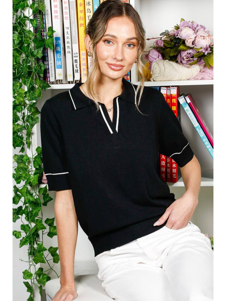 Vine & Love - Wholesale Knit Sweater - Women's - Polo Neck Short Sleeve Knitted Sweater Top VT82272