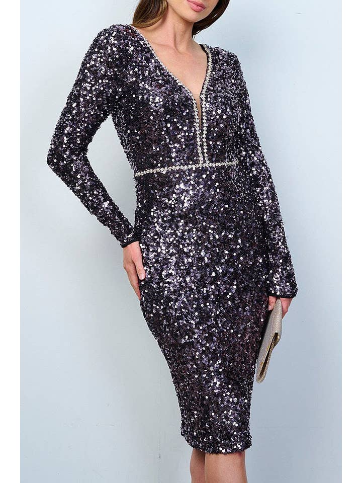 ROUSSEAU - Wholesale Dress - Women's - LONG SLEEVES V-NECK BODYCON SEQUINS MIDI DRESS