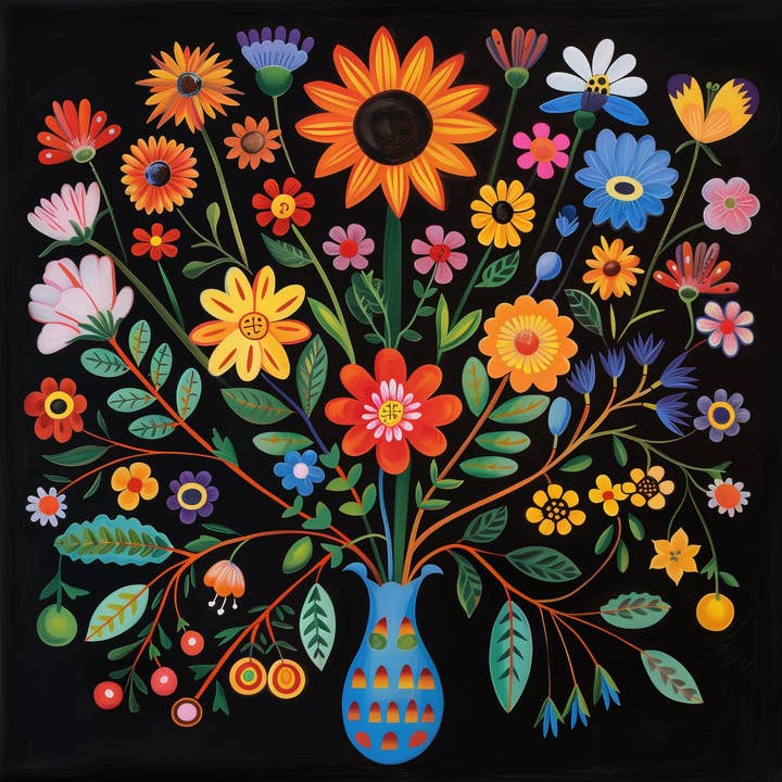 Mowbi - Wholesale Art Print - Folk Art Flowers in Blue Vase Art Print
