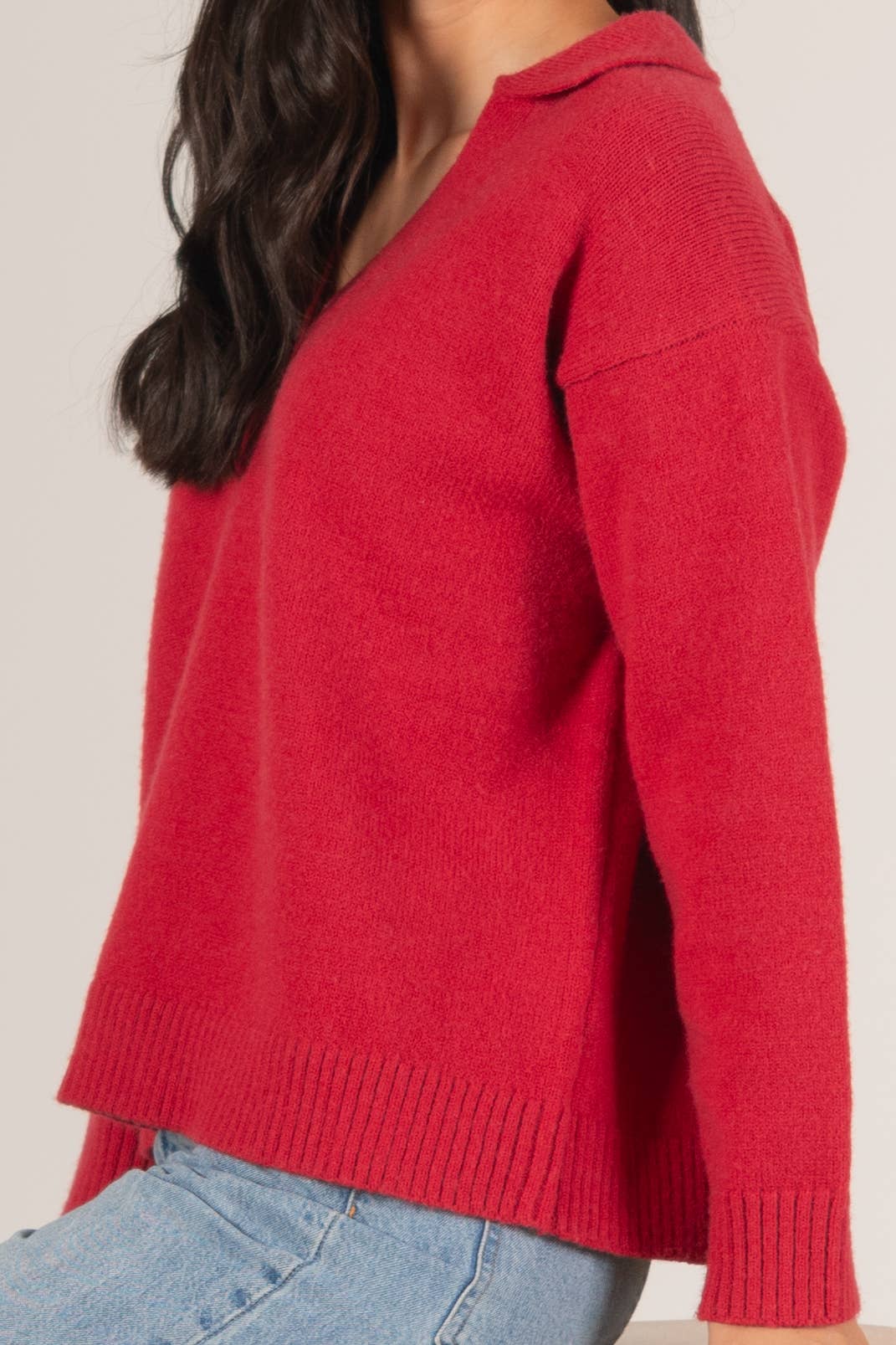 Dark Raspberry Knit Collared V Neck Ribbed Border Sweater Top	 for wholesale on Faire12