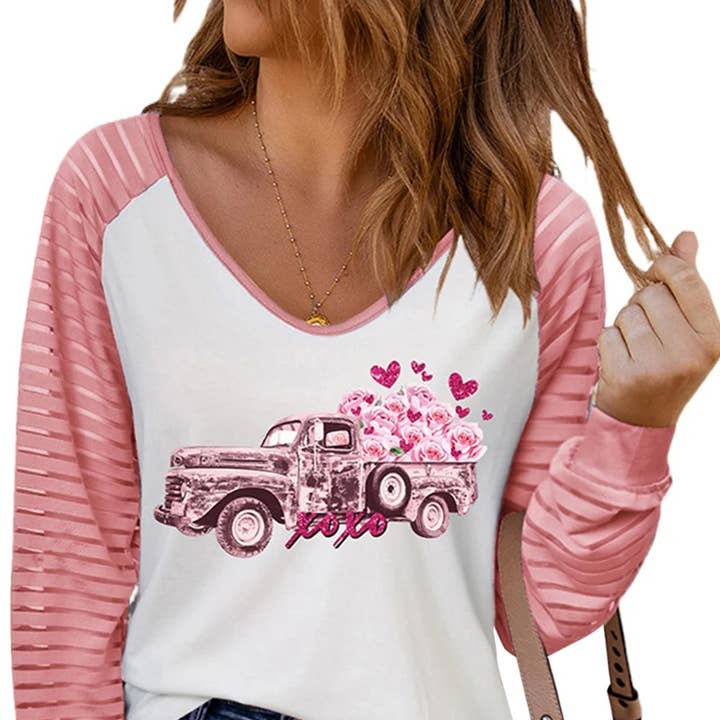 Pink Valentines Flower Car Graphic Striped Long Sleeve Top and other Purchase Wholesale raglan t shirts. Free Returns & Net 60 Terms on Faire trending on Faire.