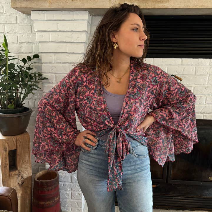 Seeds - Wholesale Blouse - Women's - Silk Flutter Sleeve Tie Top | 100% Silk One Size New Prints