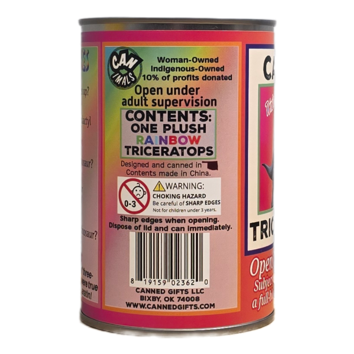 Canned Gifts – wholesale Stuffed/plush toy – Kids & baby – Trixie the Canned Rainbow Triceratops Dinosaur Plush w/Jokes3