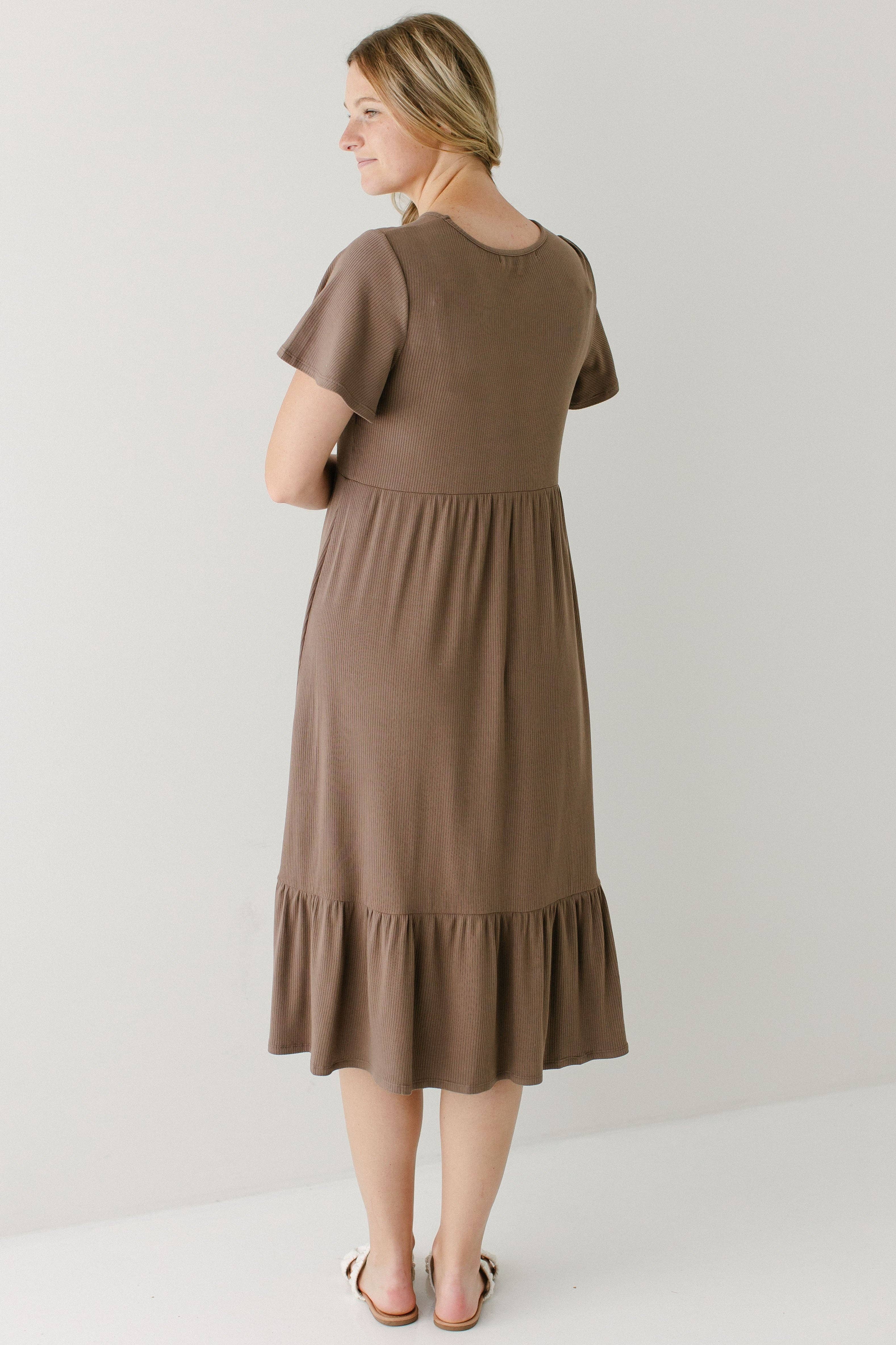 'Shiloh' Ribbed Tiered Midi Dress in Mocha FINAL SALE for wholesale on Faire3
