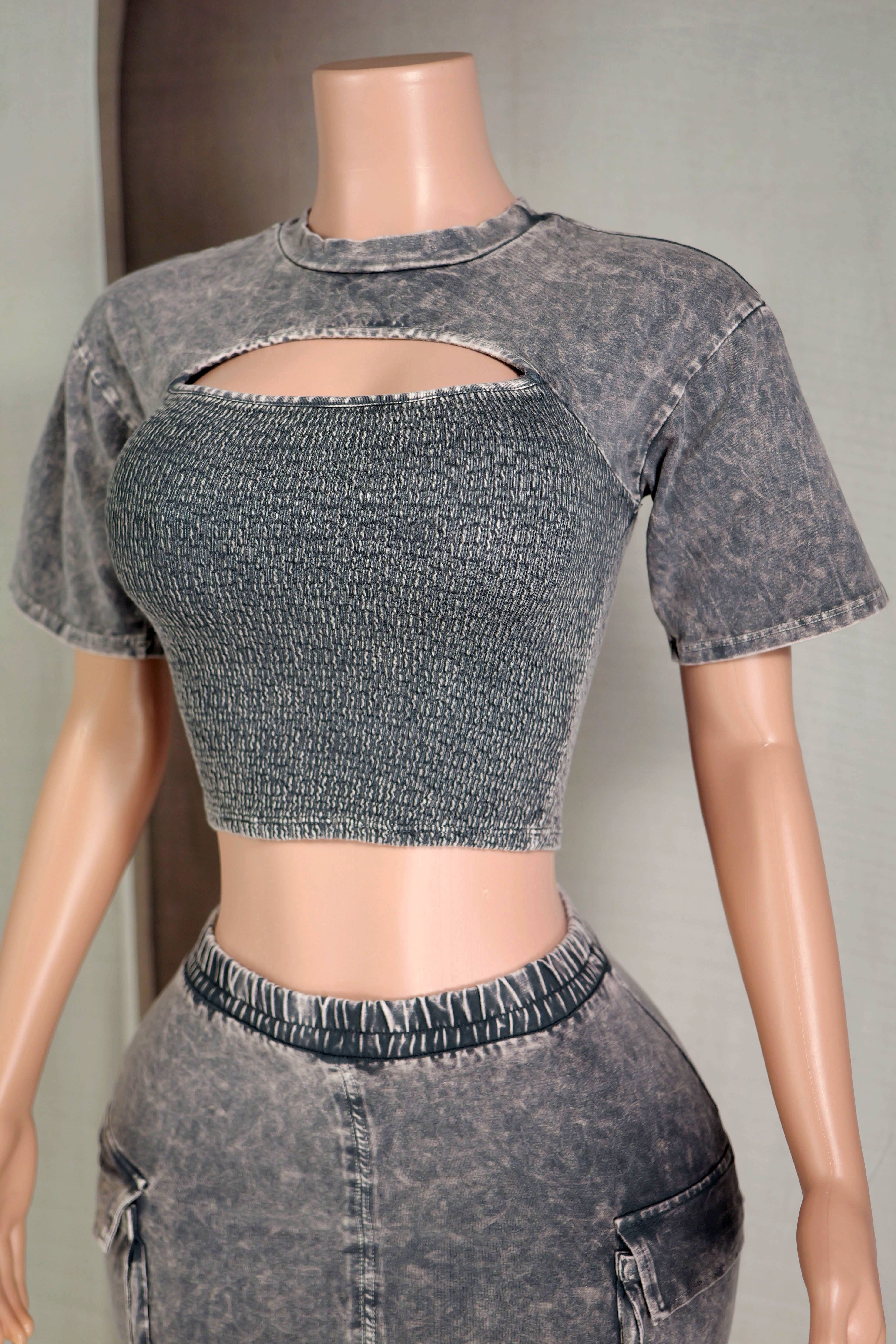 Dalia Studio - Vendita all'ingrosso Completo top e gonna - Donna - Completo con top in jersey con tagli e mini cargo effetto lavaggio minerale3